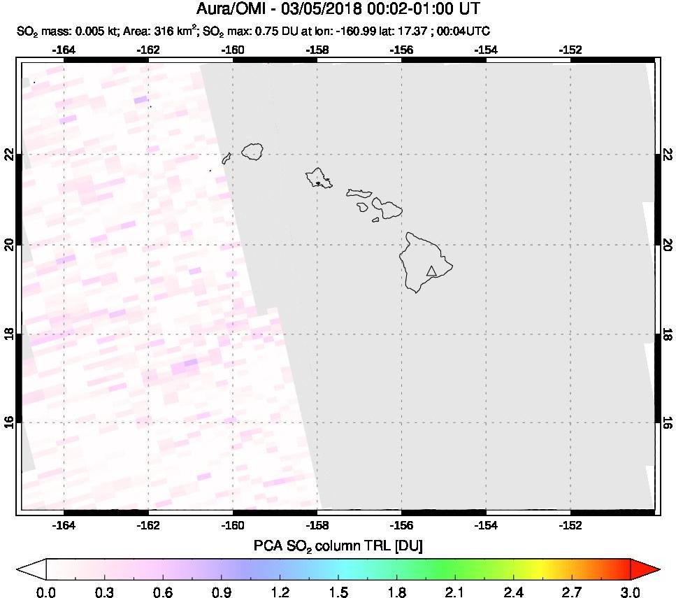 A sulfur dioxide image over Hawaii, USA on Mar 05, 2018.