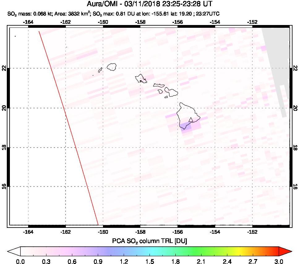 A sulfur dioxide image over Hawaii, USA on Mar 11, 2018.