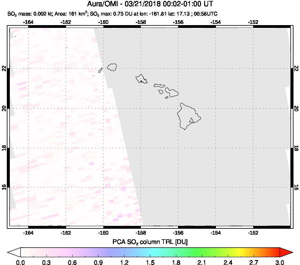 A sulfur dioxide image over Hawaii, USA on Mar 21, 2018.