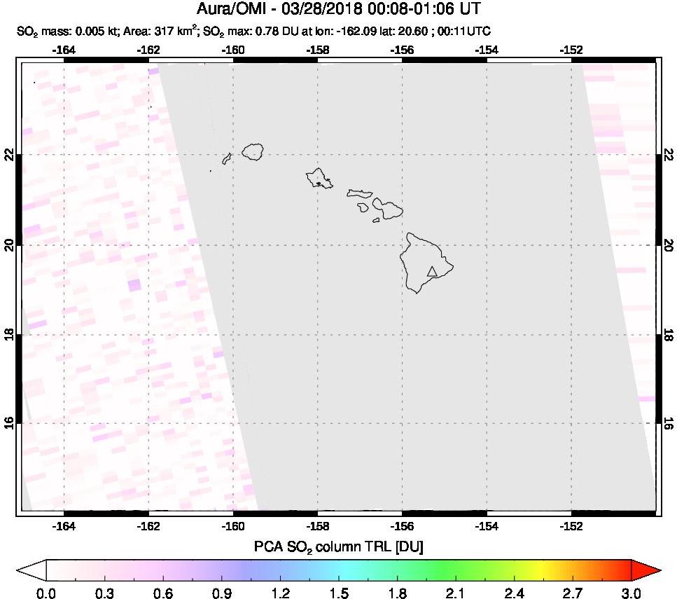 A sulfur dioxide image over Hawaii, USA on Mar 28, 2018.