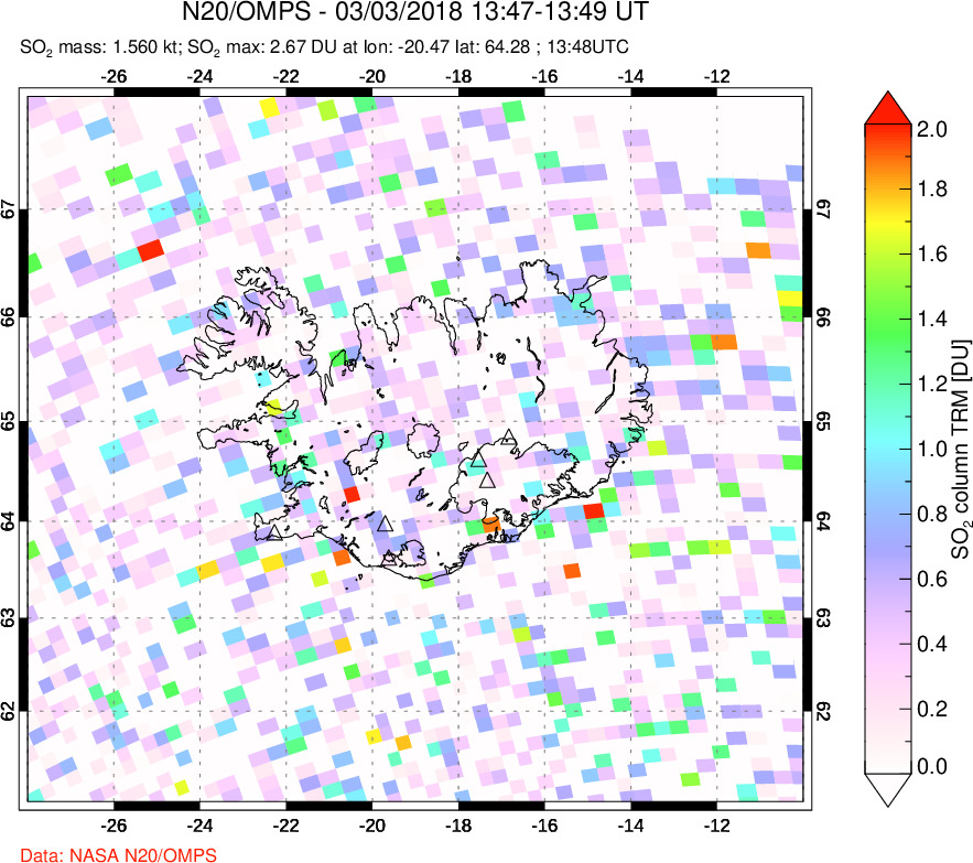 A sulfur dioxide image over Iceland on Mar 03, 2018.