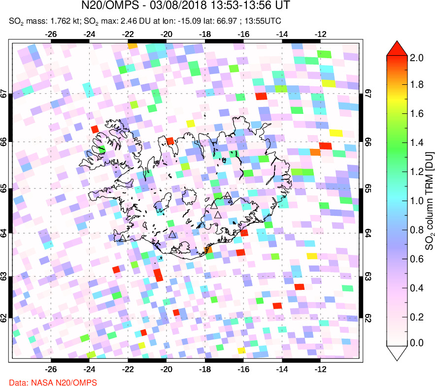A sulfur dioxide image over Iceland on Mar 08, 2018.