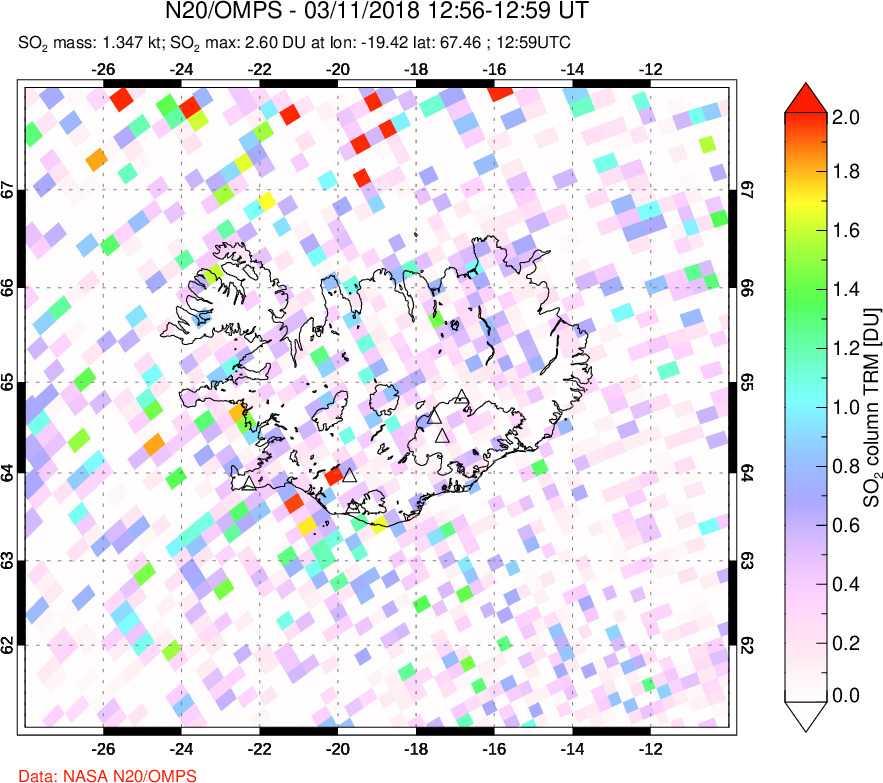 A sulfur dioxide image over Iceland on Mar 11, 2018.