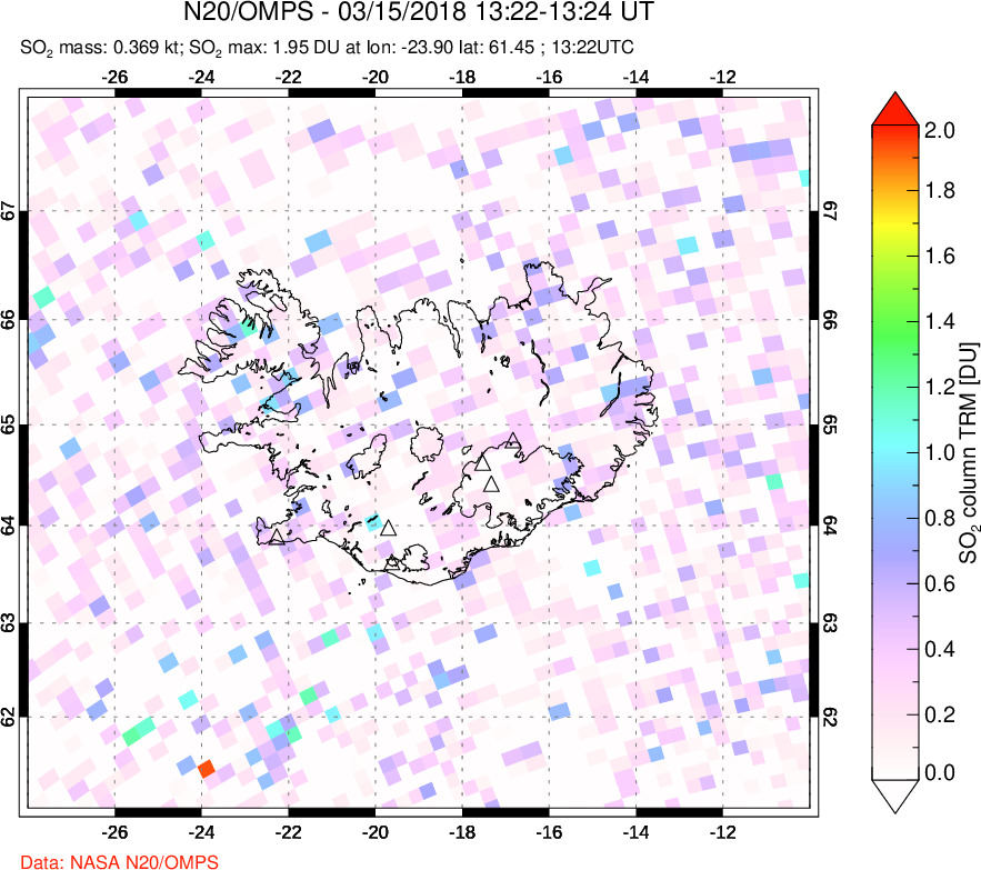 A sulfur dioxide image over Iceland on Mar 15, 2018.