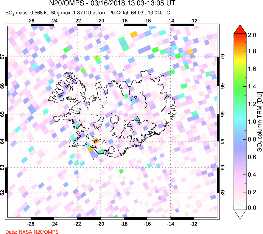 A sulfur dioxide image over Iceland on Mar 16, 2018.