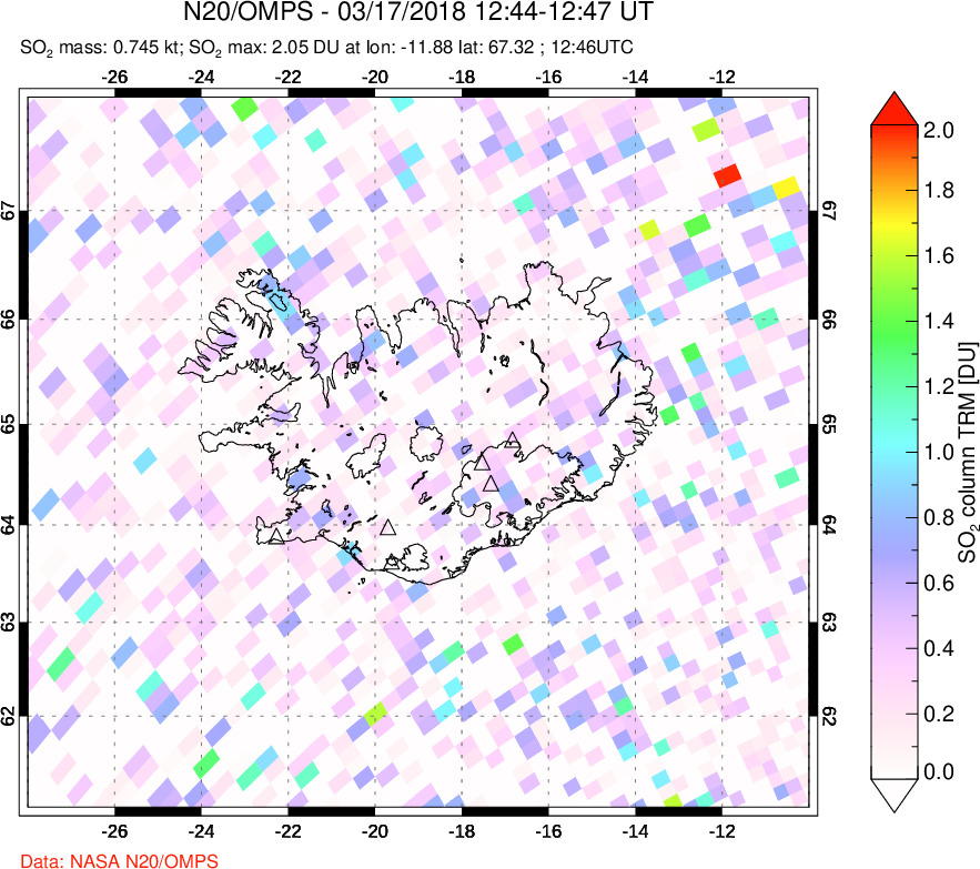 A sulfur dioxide image over Iceland on Mar 17, 2018.