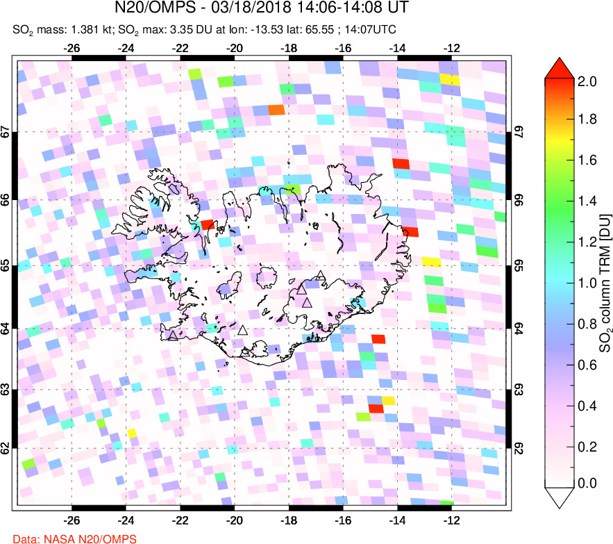 A sulfur dioxide image over Iceland on Mar 18, 2018.