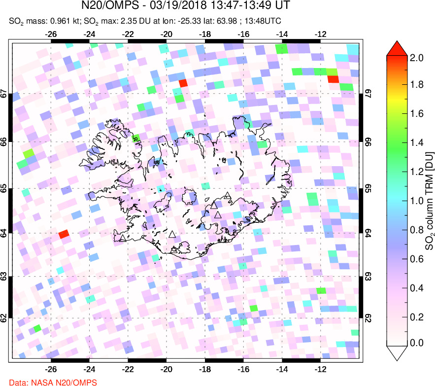 A sulfur dioxide image over Iceland on Mar 19, 2018.