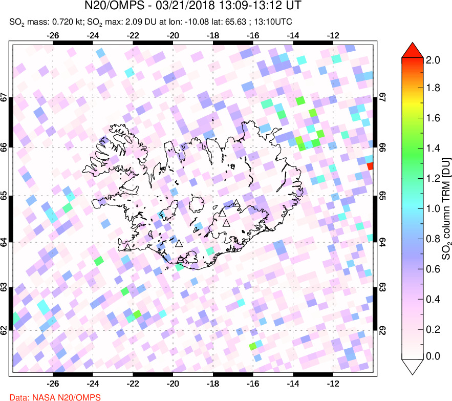 A sulfur dioxide image over Iceland on Mar 21, 2018.
