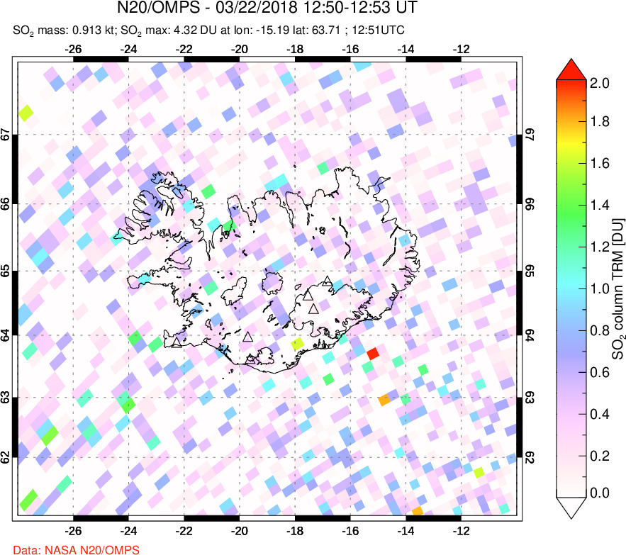 A sulfur dioxide image over Iceland on Mar 22, 2018.