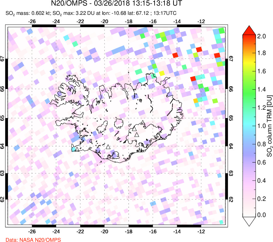 A sulfur dioxide image over Iceland on Mar 26, 2018.