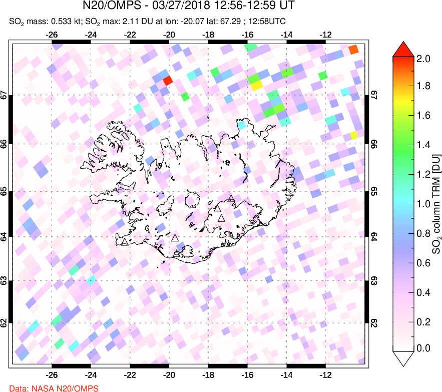 A sulfur dioxide image over Iceland on Mar 27, 2018.