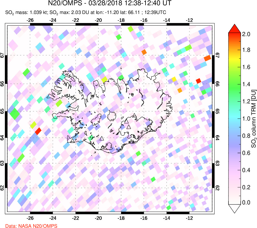 A sulfur dioxide image over Iceland on Mar 28, 2018.