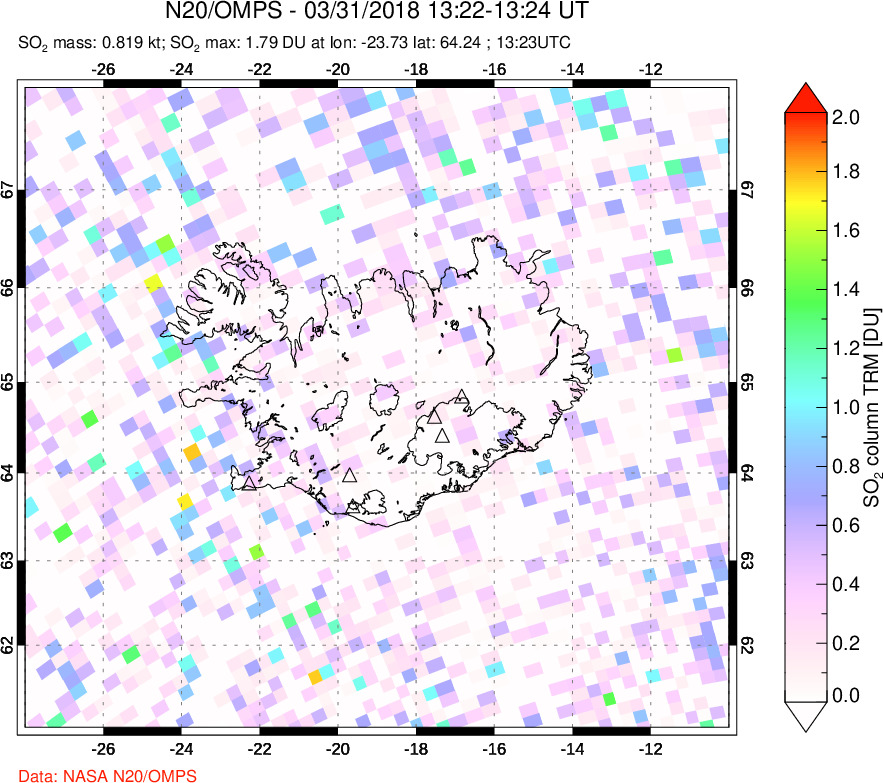 A sulfur dioxide image over Iceland on Mar 31, 2018.
