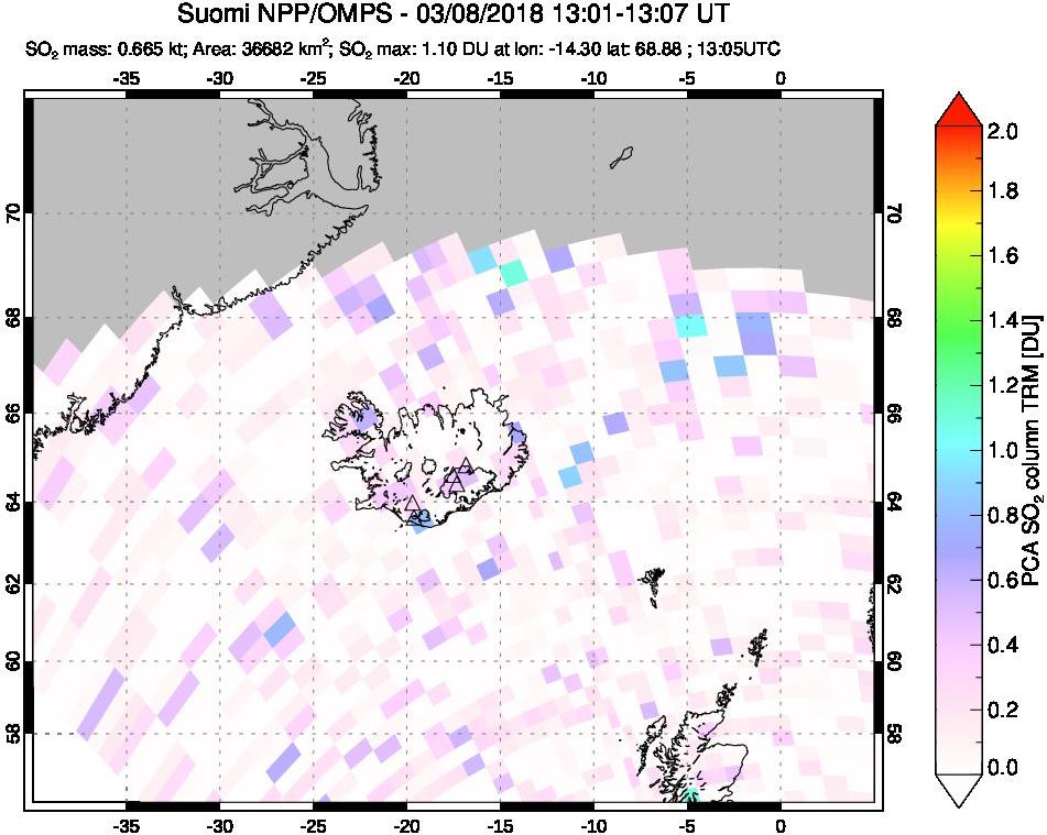 A sulfur dioxide image over Iceland on Mar 08, 2018.