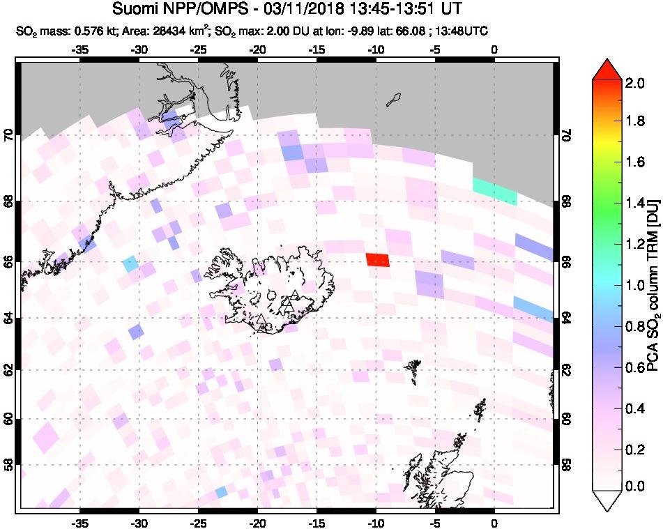 A sulfur dioxide image over Iceland on Mar 11, 2018.