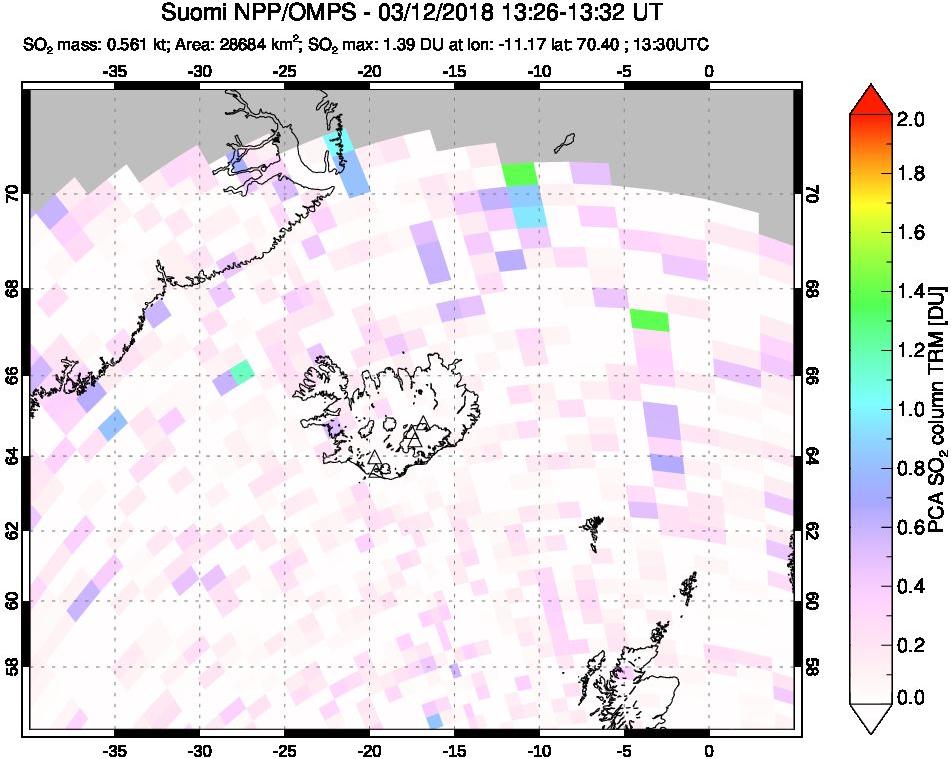 A sulfur dioxide image over Iceland on Mar 12, 2018.