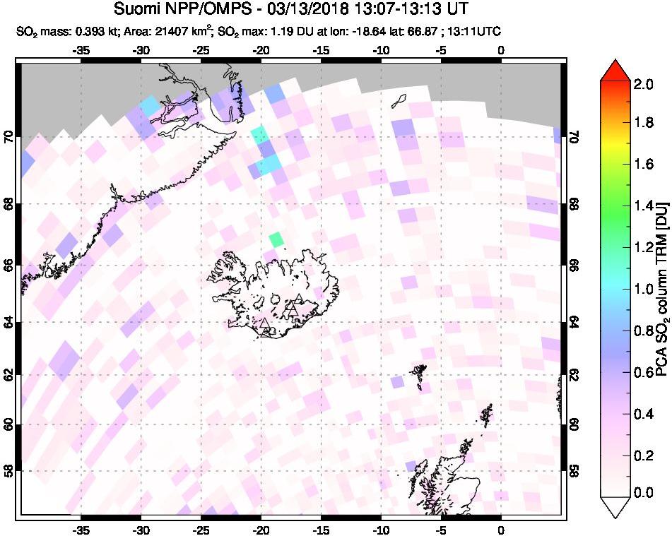 A sulfur dioxide image over Iceland on Mar 13, 2018.