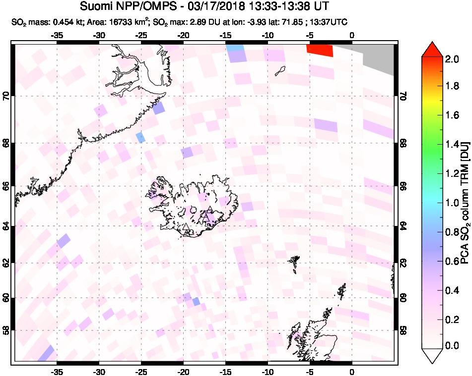 A sulfur dioxide image over Iceland on Mar 17, 2018.