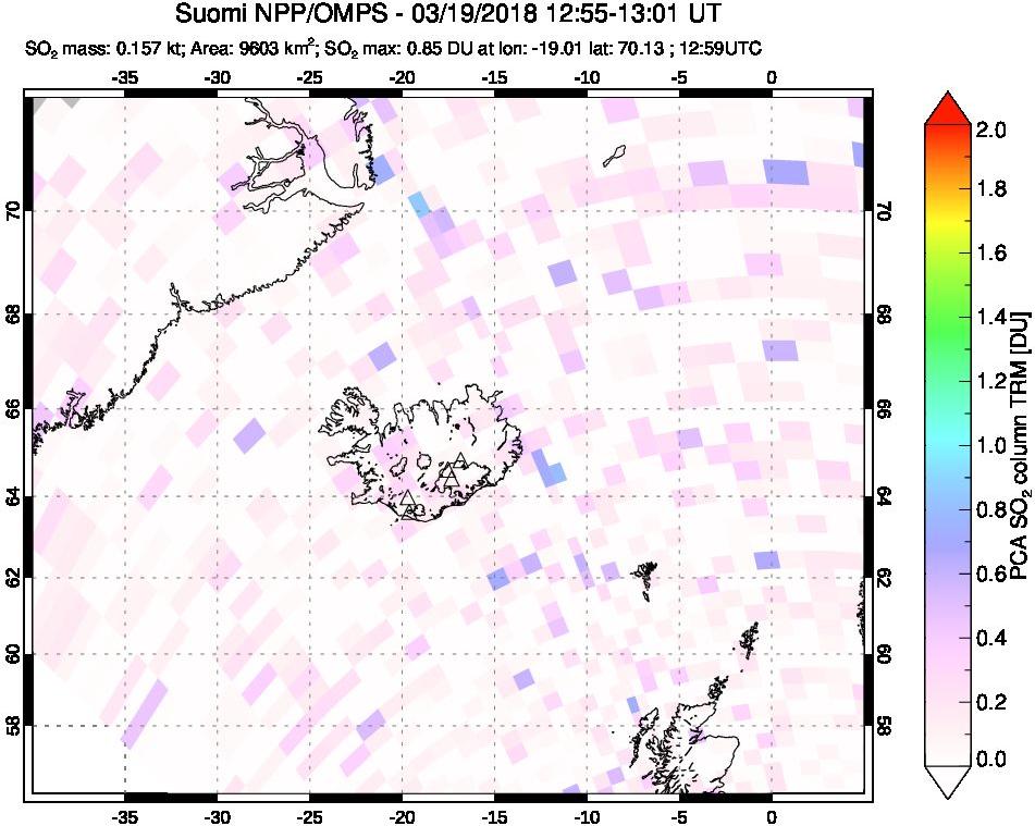 A sulfur dioxide image over Iceland on Mar 19, 2018.