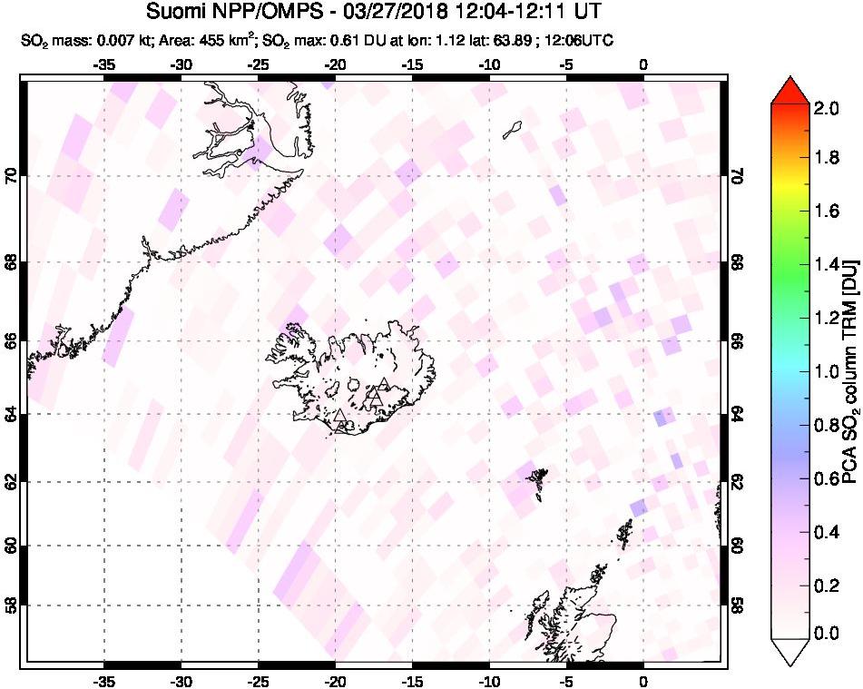 A sulfur dioxide image over Iceland on Mar 27, 2018.