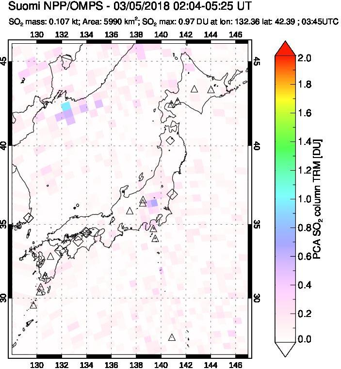 A sulfur dioxide image over Japan on Mar 05, 2018.