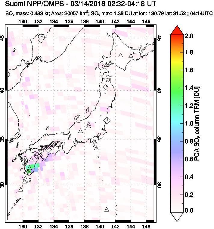 A sulfur dioxide image over Japan on Mar 14, 2018.