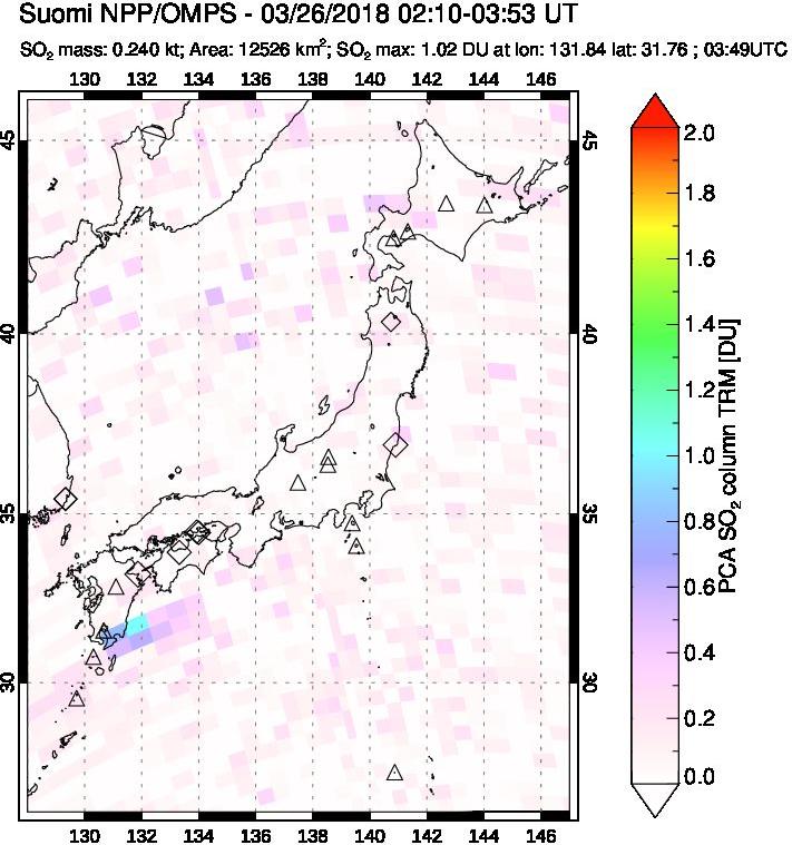 A sulfur dioxide image over Japan on Mar 26, 2018.