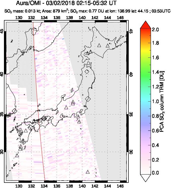 A sulfur dioxide image over Japan on Mar 02, 2018.