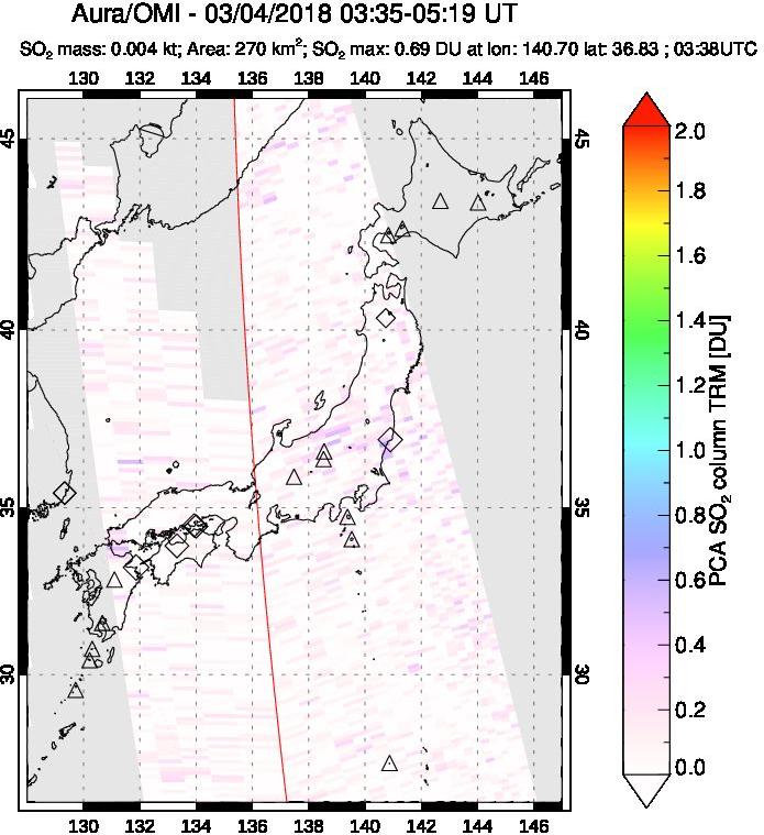 A sulfur dioxide image over Japan on Mar 04, 2018.