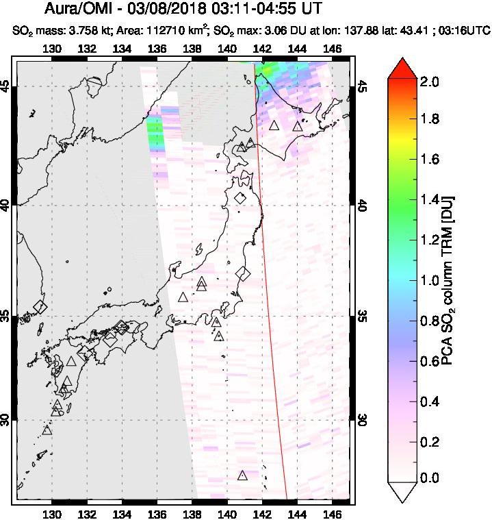 A sulfur dioxide image over Japan on Mar 08, 2018.