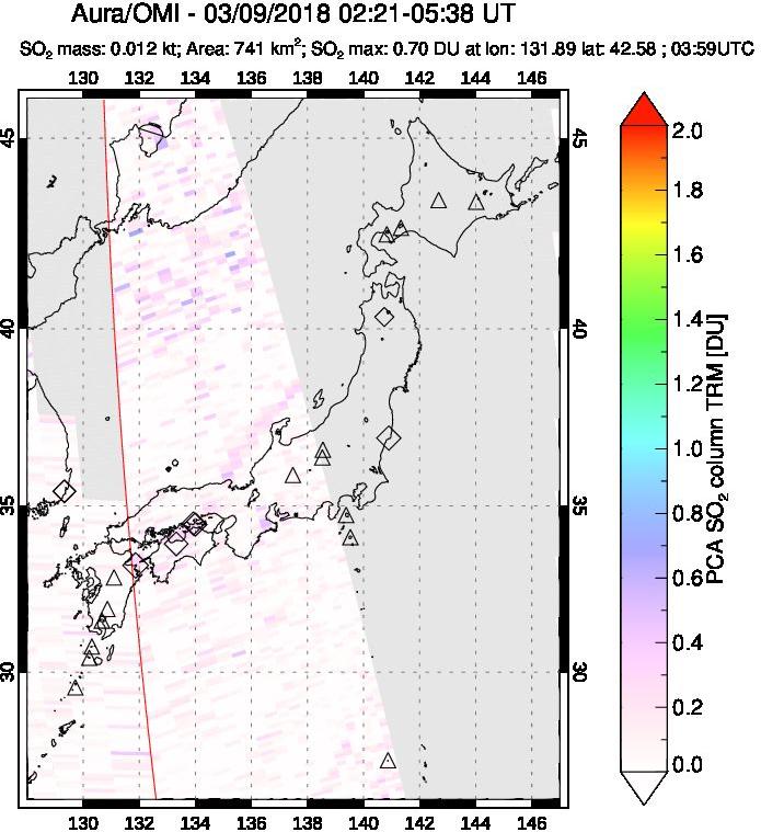 A sulfur dioxide image over Japan on Mar 09, 2018.