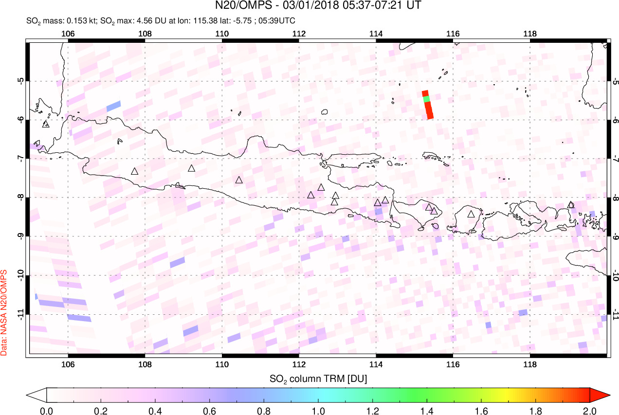 A sulfur dioxide image over Java, Indonesia on Mar 01, 2018.