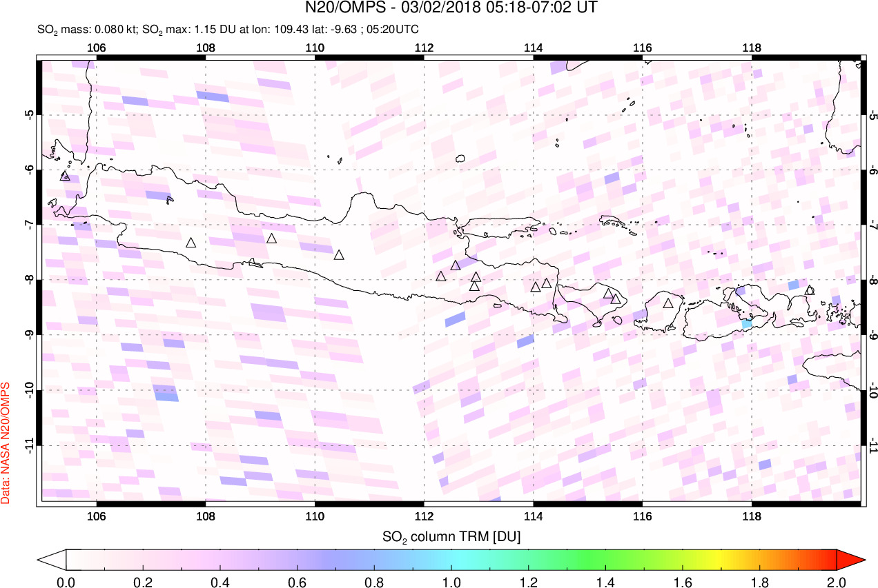 A sulfur dioxide image over Java, Indonesia on Mar 02, 2018.