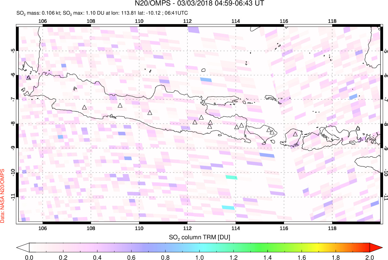 A sulfur dioxide image over Java, Indonesia on Mar 03, 2018.