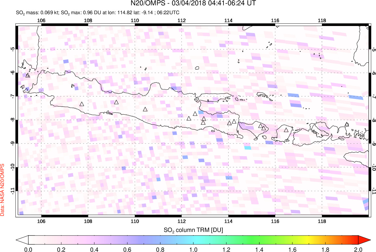 A sulfur dioxide image over Java, Indonesia on Mar 04, 2018.