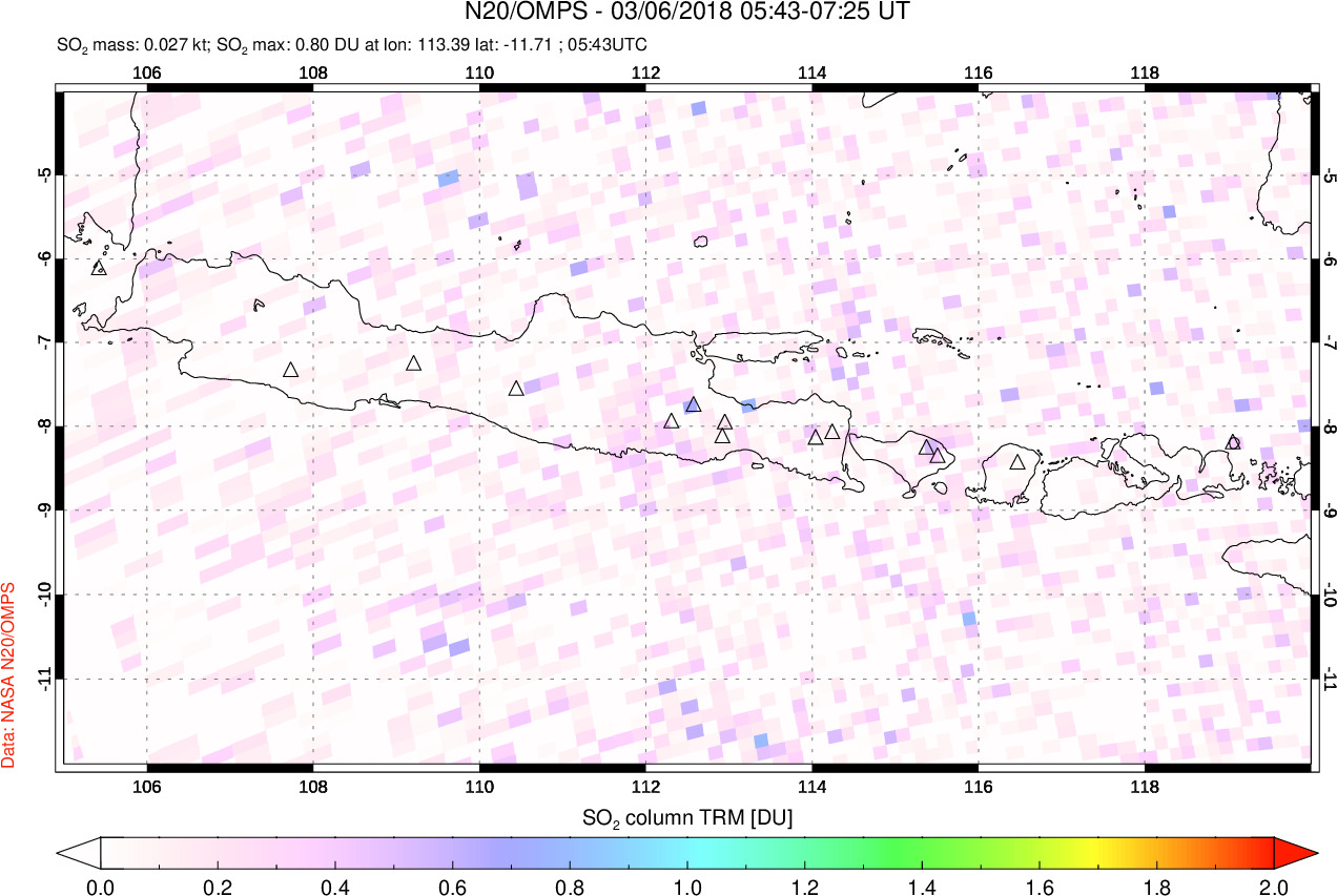 A sulfur dioxide image over Java, Indonesia on Mar 06, 2018.