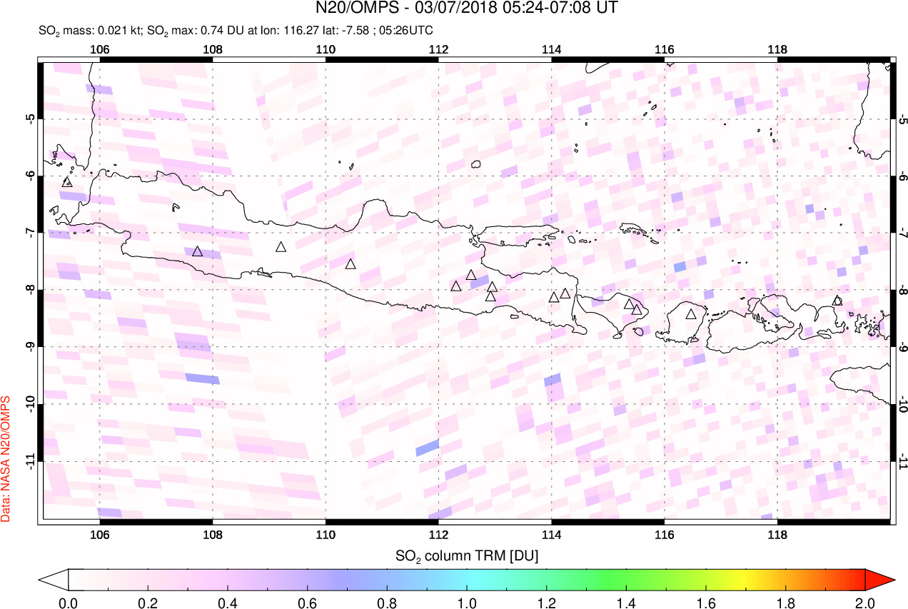 A sulfur dioxide image over Java, Indonesia on Mar 07, 2018.