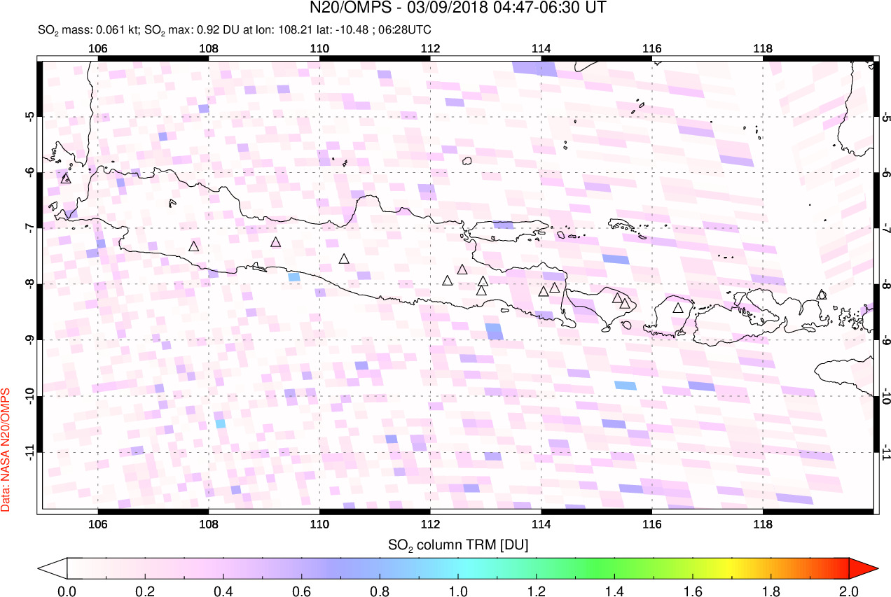 A sulfur dioxide image over Java, Indonesia on Mar 09, 2018.