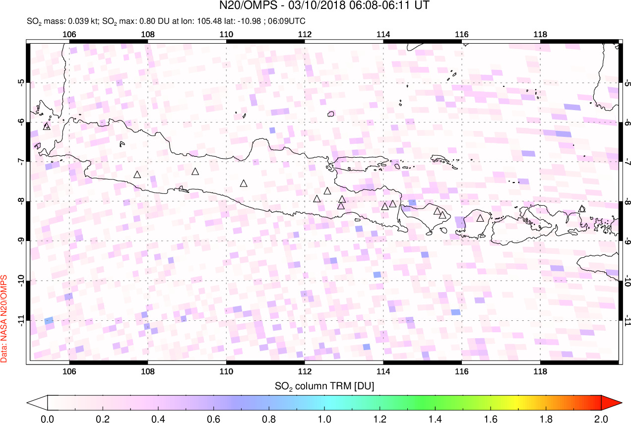 A sulfur dioxide image over Java, Indonesia on Mar 10, 2018.