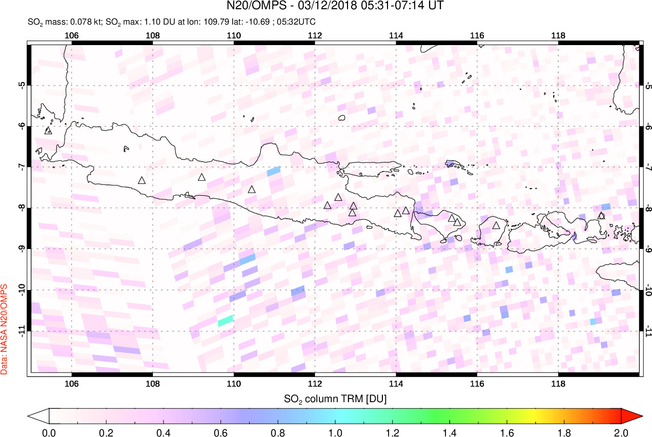 A sulfur dioxide image over Java, Indonesia on Mar 12, 2018.