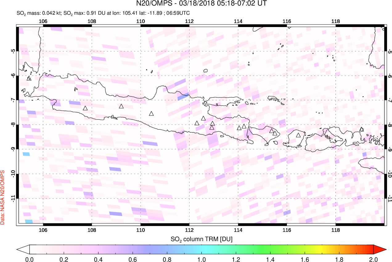 A sulfur dioxide image over Java, Indonesia on Mar 18, 2018.