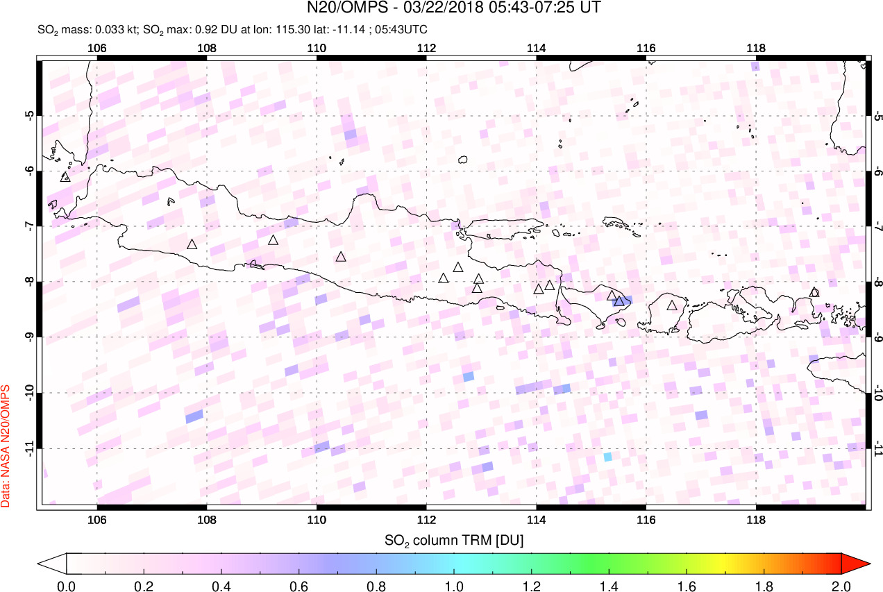 A sulfur dioxide image over Java, Indonesia on Mar 22, 2018.