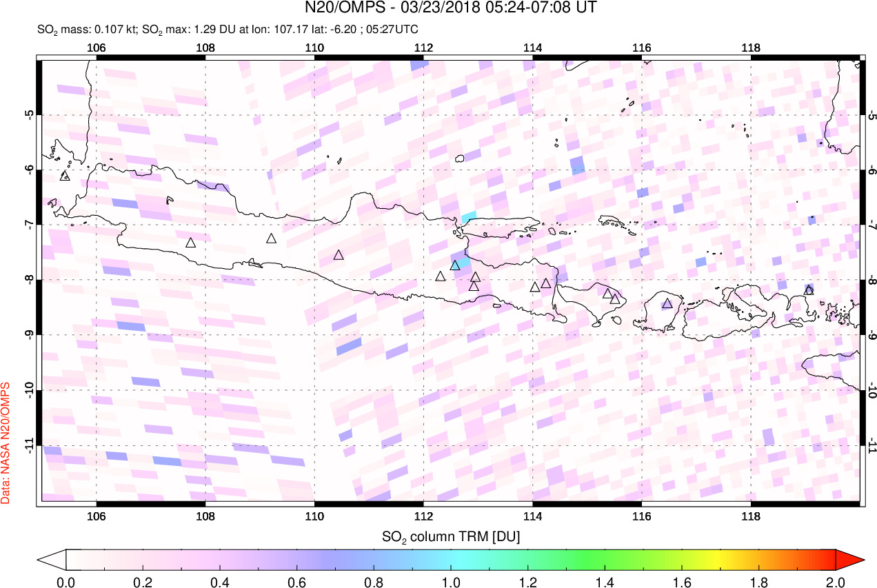 A sulfur dioxide image over Java, Indonesia on Mar 23, 2018.