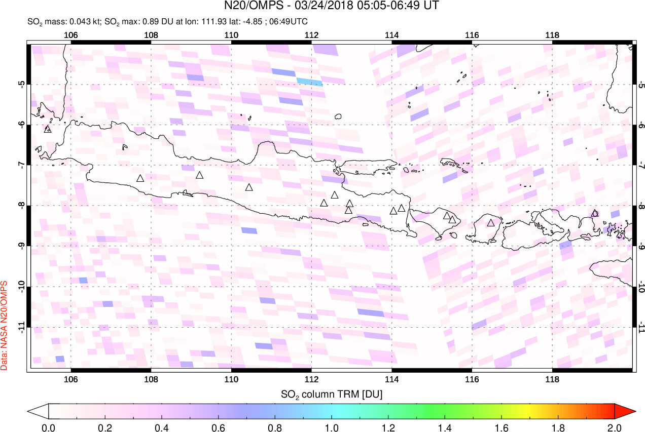 A sulfur dioxide image over Java, Indonesia on Mar 24, 2018.