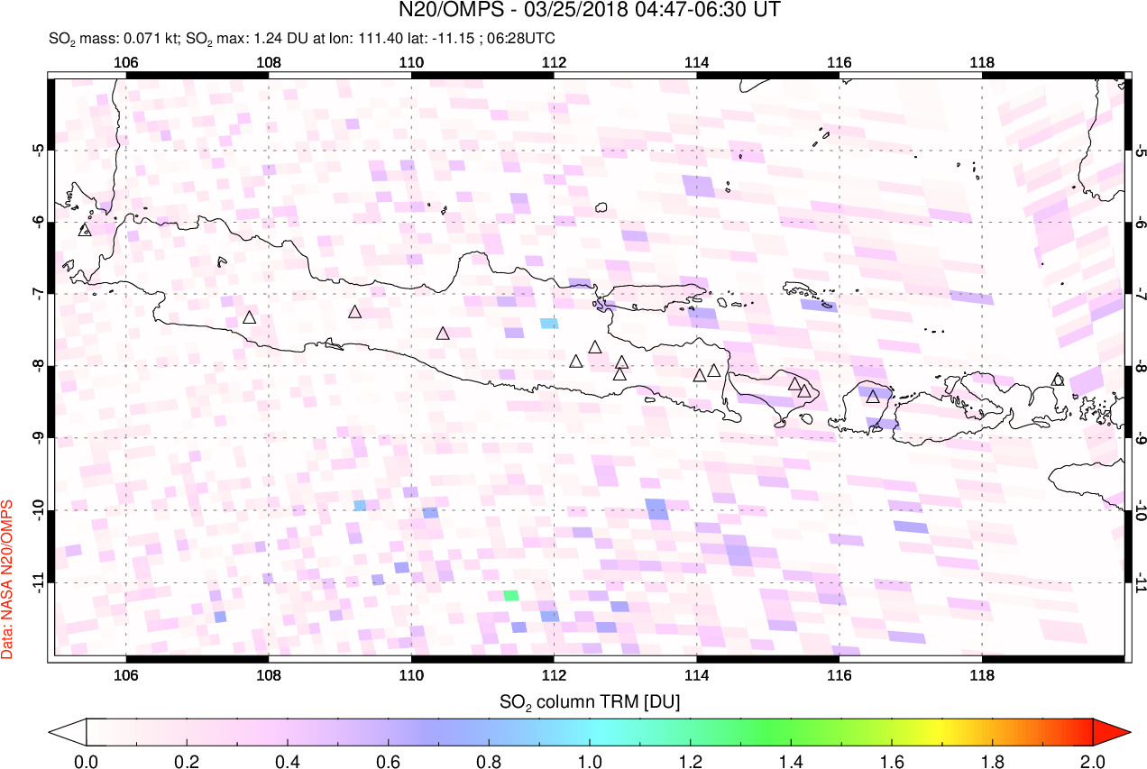 A sulfur dioxide image over Java, Indonesia on Mar 25, 2018.