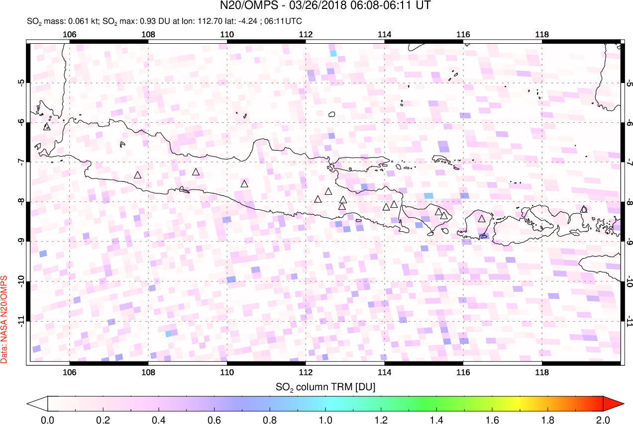 A sulfur dioxide image over Java, Indonesia on Mar 26, 2018.