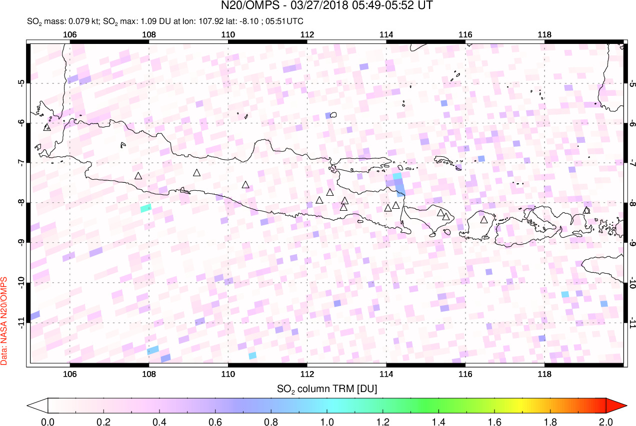 A sulfur dioxide image over Java, Indonesia on Mar 27, 2018.