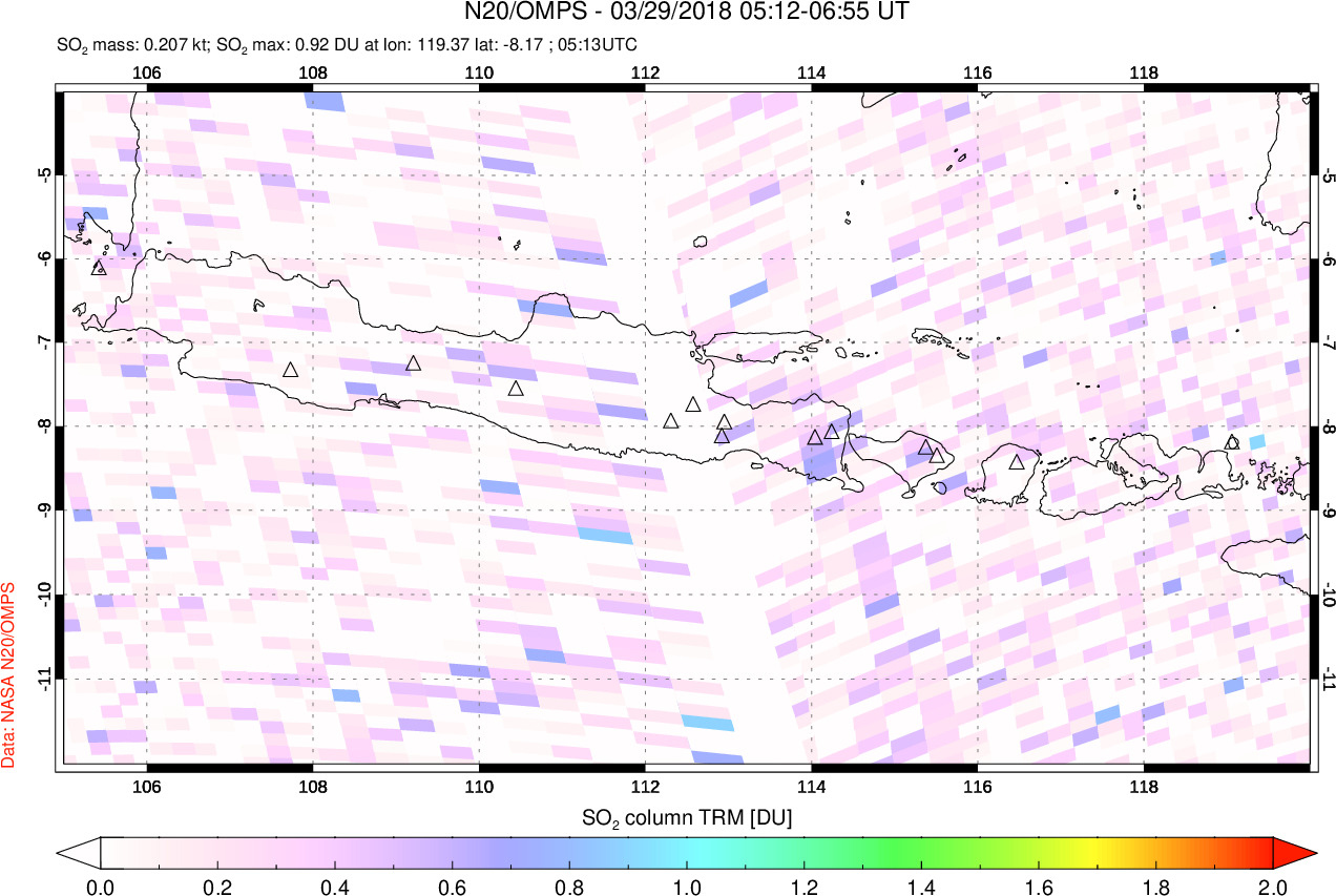 A sulfur dioxide image over Java, Indonesia on Mar 29, 2018.