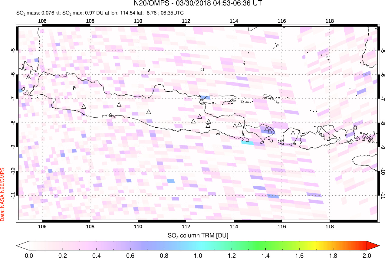 A sulfur dioxide image over Java, Indonesia on Mar 30, 2018.